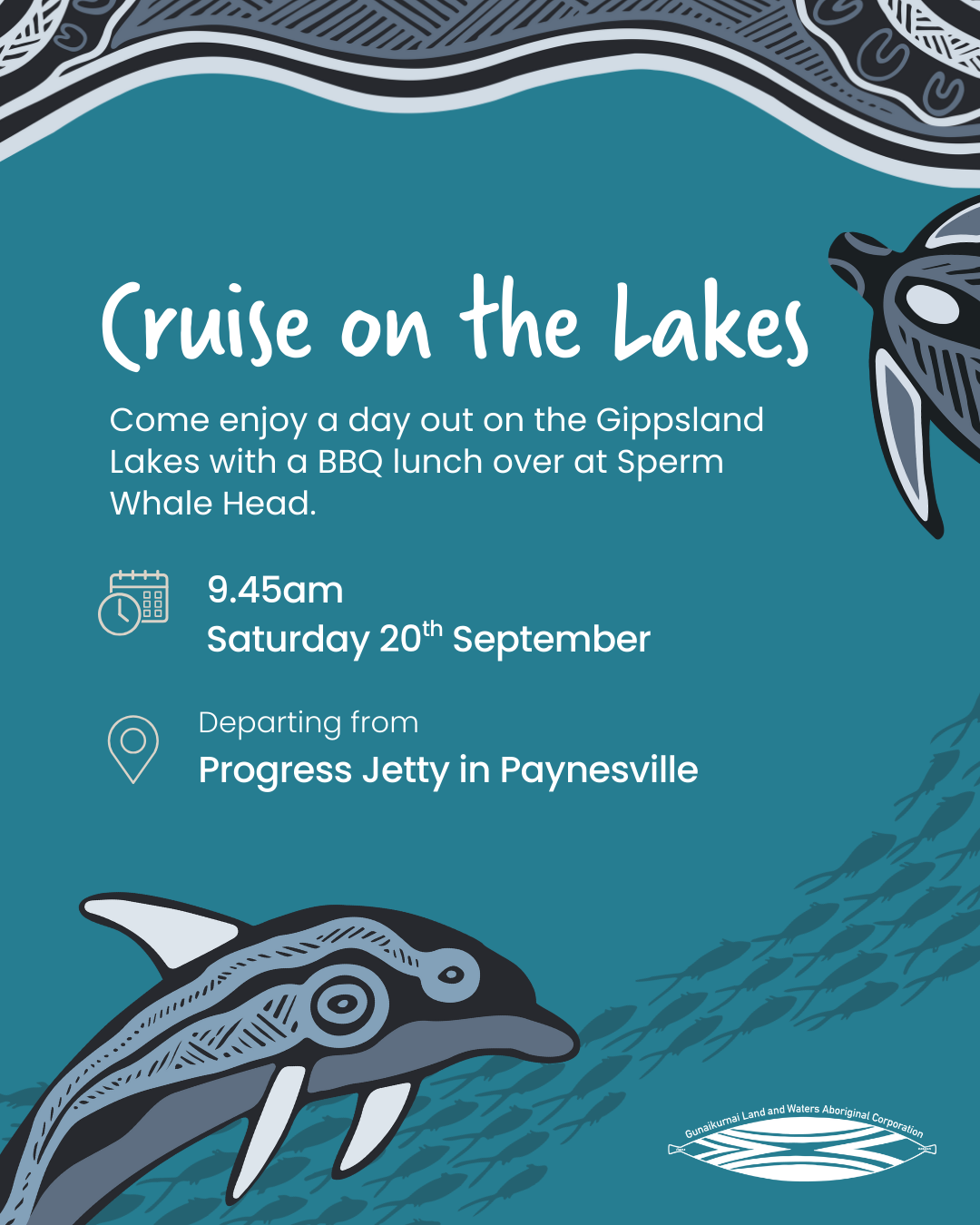 Event flyer with event details surrounded by illustrations depicting Sea Country and the fish, dolphins and turtles within it.
